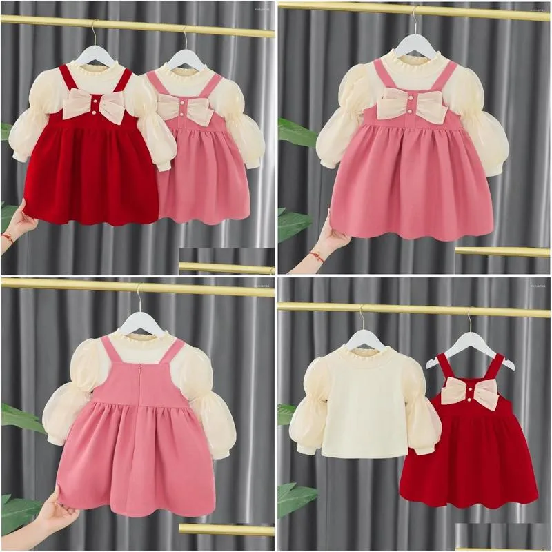 Girl`S Dresses Girl Dresses Girls Sweet Winter Autumn Kids Princess Bow Dress Vestidos Long Sleeve Baby Infants Veet T-Shirt Tops 2Pcs Dhkks