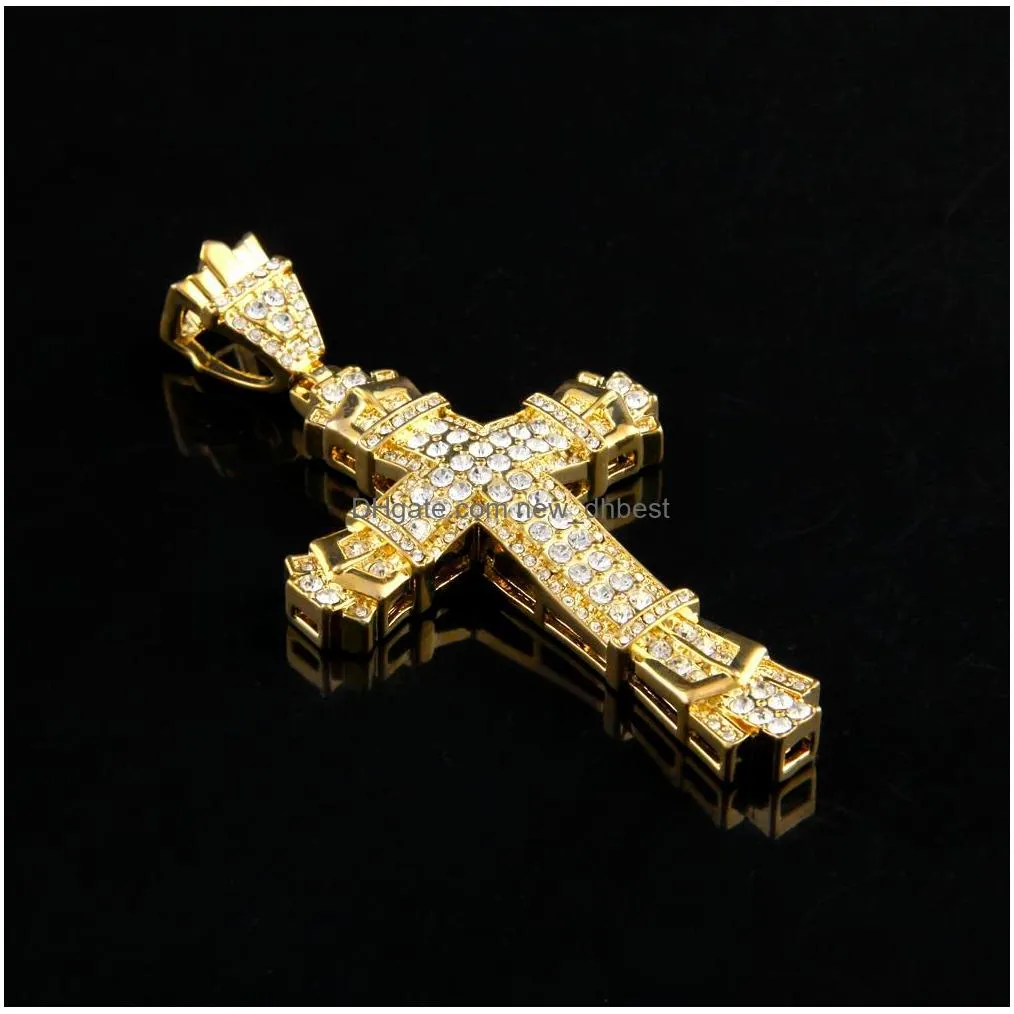 Pendant Necklaces Retro Sier Cross Charm Pendant Fl Ice Out Cz Simated Diamonds Catholic Crucifix Necklace With Long Drop Delivery Jew Dhf3L