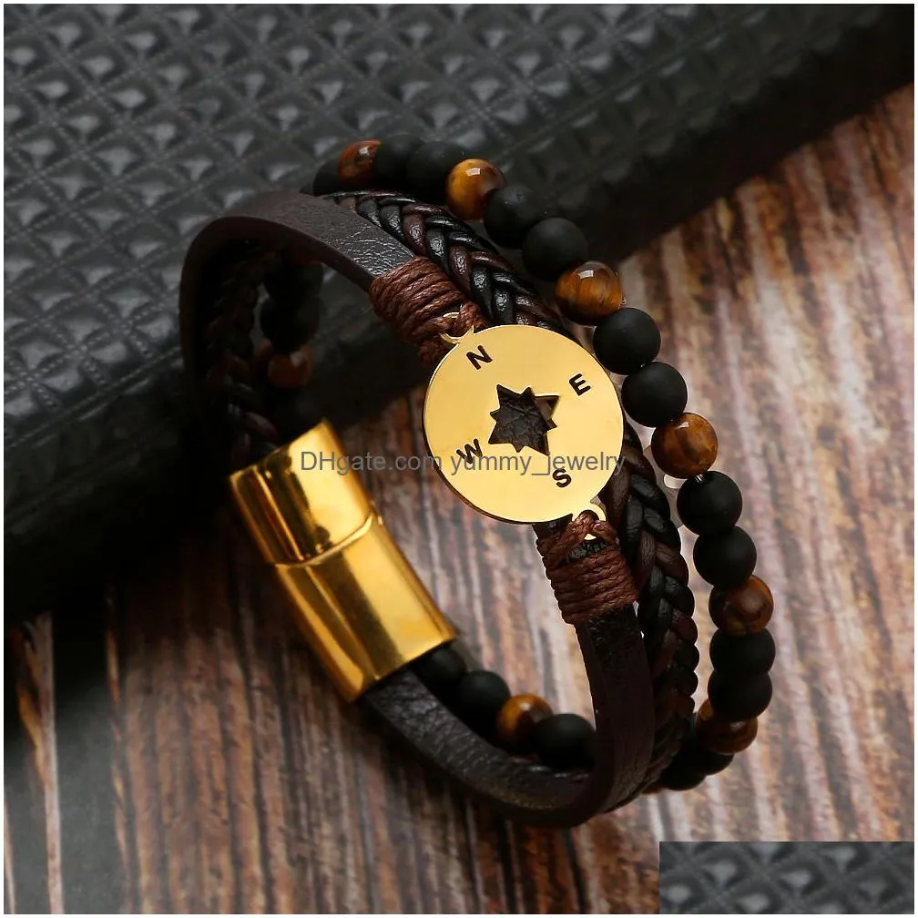 Charm Bracelets Stainless Steel Magnetic Clasp Compass Charm Tiger Eye Beaded Bracelet Mti Layer Genuine Braided Leather Bracelets Ba Dhah4