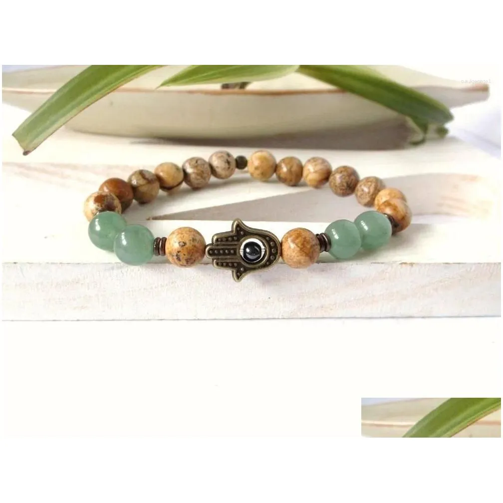 Beaded Strand Hamsa Green Aventurine Men Bracelet Hand Natural Stone Yoga Mala 3.5 Drop Delivery Jewelry Bracelets Dhq0A