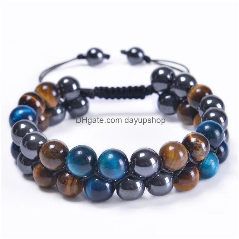 Chain 10Mm Blue Tiger Eye Stone Bracelet Double Layer Beaded Braided Adjustable Hematite Magnet Bracelets Wristband Cuff For Men Jewe Dhyr9