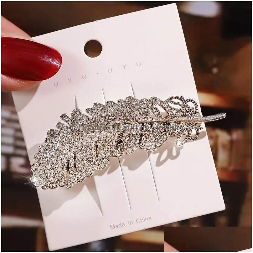 Hair Clips & Barrettes Diamond Feather Hair Clip Barrettes Fashion Sier Gold Headdress Hairpin Spring Clips Bobby Pin For Drop Delive Dh4B6