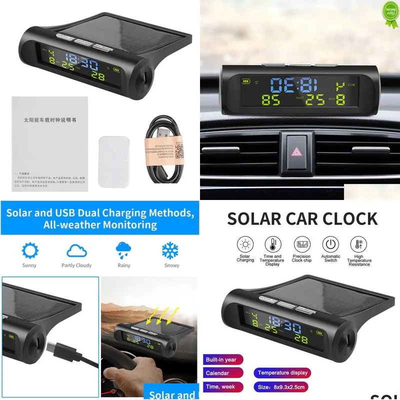 Car Other Auto Electronics New Digital Solar Charging Clock With Lcd Time Date Temperature Display For Outdoor Personal Part Decoratio Dhsfv
