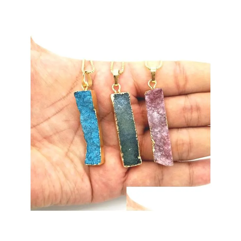 Pendant Necklaces Jln Druzy Agate Long Bar Rec Pendant Geode Quartz Stone Pendants With Brass Chain Jewelry For Men Drop Delivery Jewe Dh8Ng