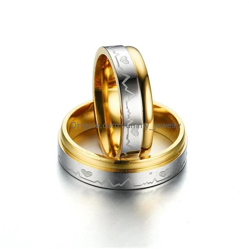 Band Rings Ecg Love Heartbeat Ring Band Stainless Steel Contrast Color Gold Rings Couple For Women Men Fashion Jewelry Gift Will And Dhjuz