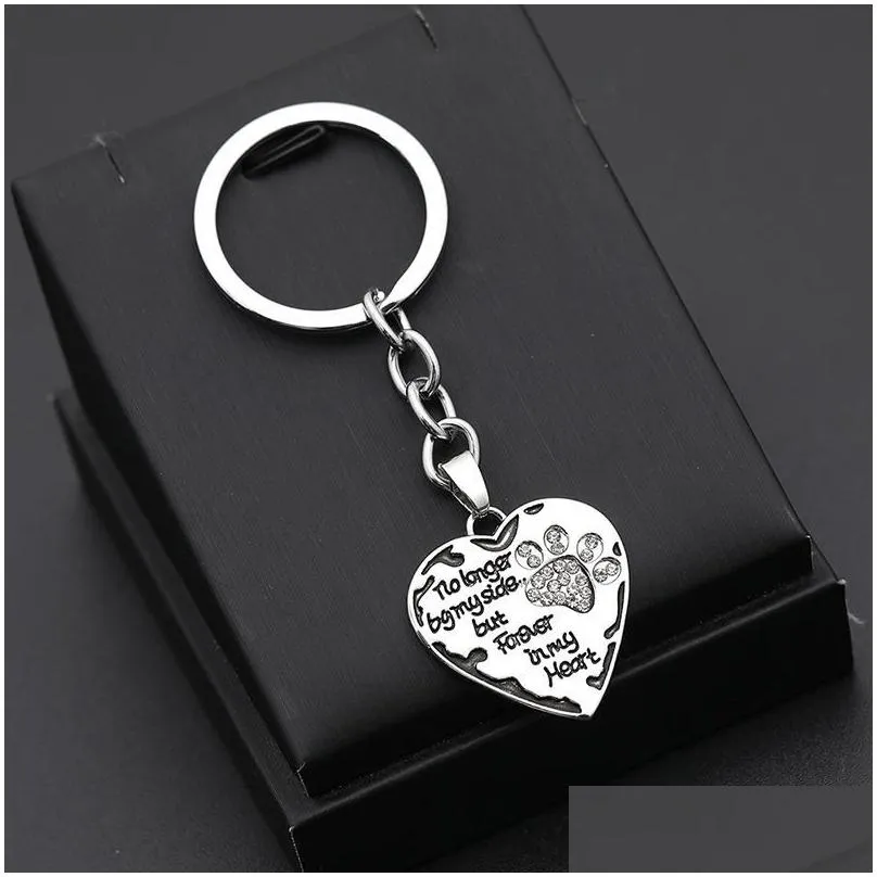 Key Rings 12 Pcs/Lot Key Chain No Longer By My Side But In Heart Paw Print Keychain Pet Animal Lovers Memorial Friend Ring Drop Deliv Dhpmi