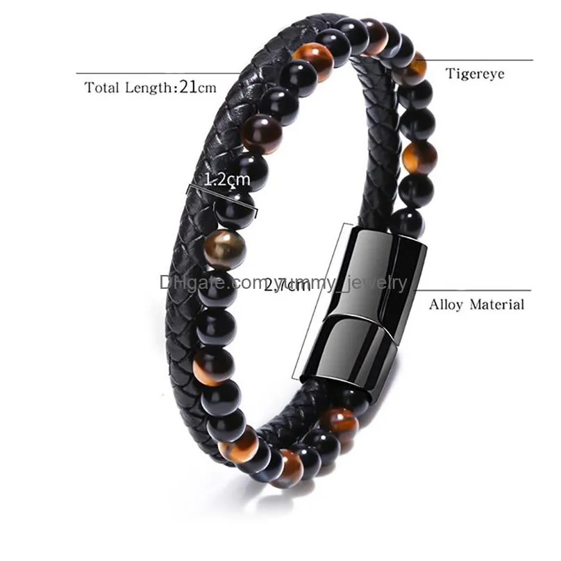 Beaded Strand Volcanic Natural Stone Tiger Eye Beaded Bracelet Rows Leather Bracelets Wristband Bangle Cuff For Men Fashion Jewelry D Dhms9