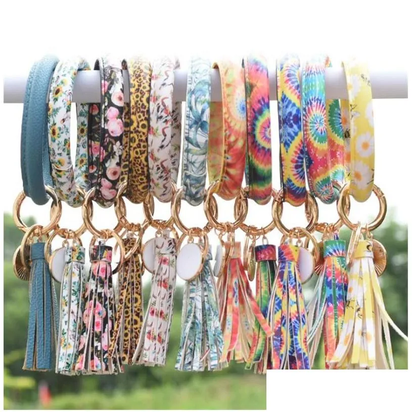 fashion multiple styles sun flower/flag pattern key chain leather wrap tassels bracelets keychain wristlet bracelet tassel keychains round bangle