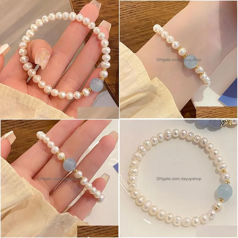 Chain  Water Pearl Bracelet Aquamarine Crystal Beads Fashion Women Summer Beach Elastic Friendship Bracelets Drop Delivery Jewel Dhzpf