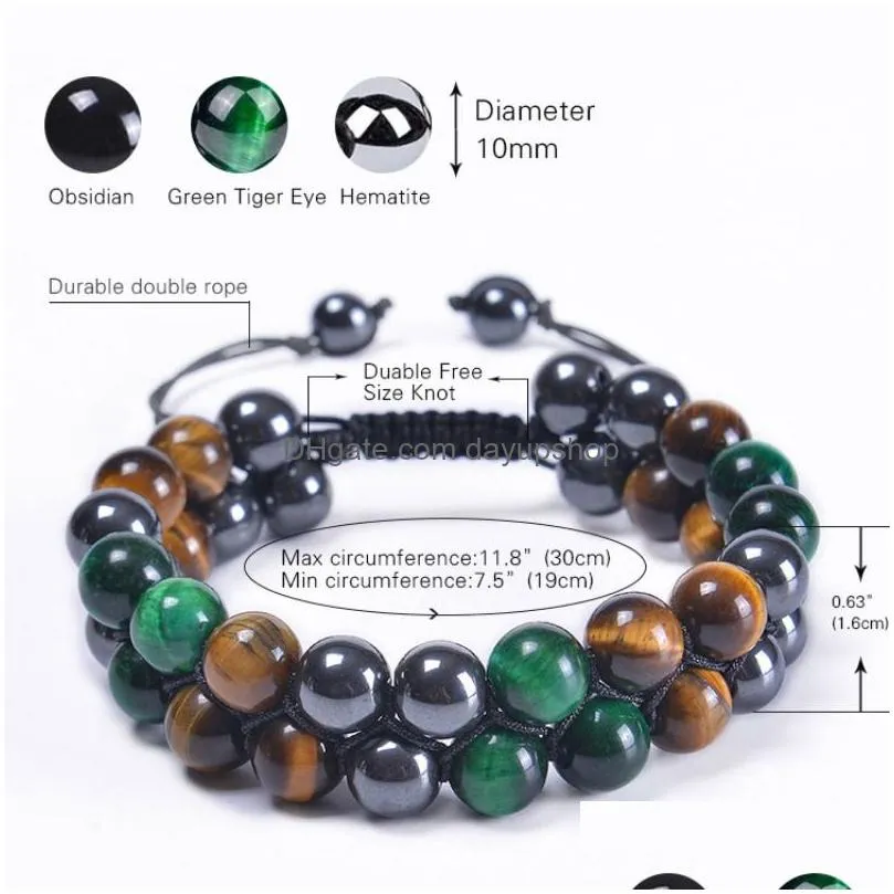 Chain 10Mm Blue Tiger Eye Stone Bracelet Double Layer Beaded Braided Adjustable Hematite Magnet Bracelets Wristband Cuff For Men Jewe Dhyr9