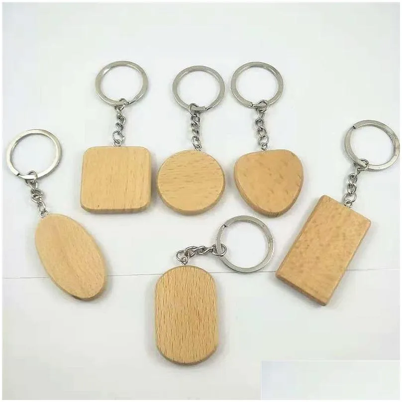 Key Rings Diy Blank Wooden Key Chain Ring Holder Fashion Wood Round Heart Pendant Keychain Personalized Engraved Name Charms Keyrings Dhdev