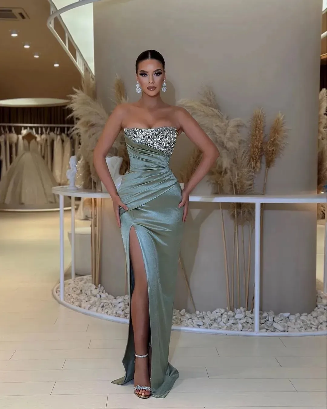 Elegant Light Green Prom Dresses Strapless Party Evening Dress Pleats Thigh Slit Formal Long Special Occasion dress
