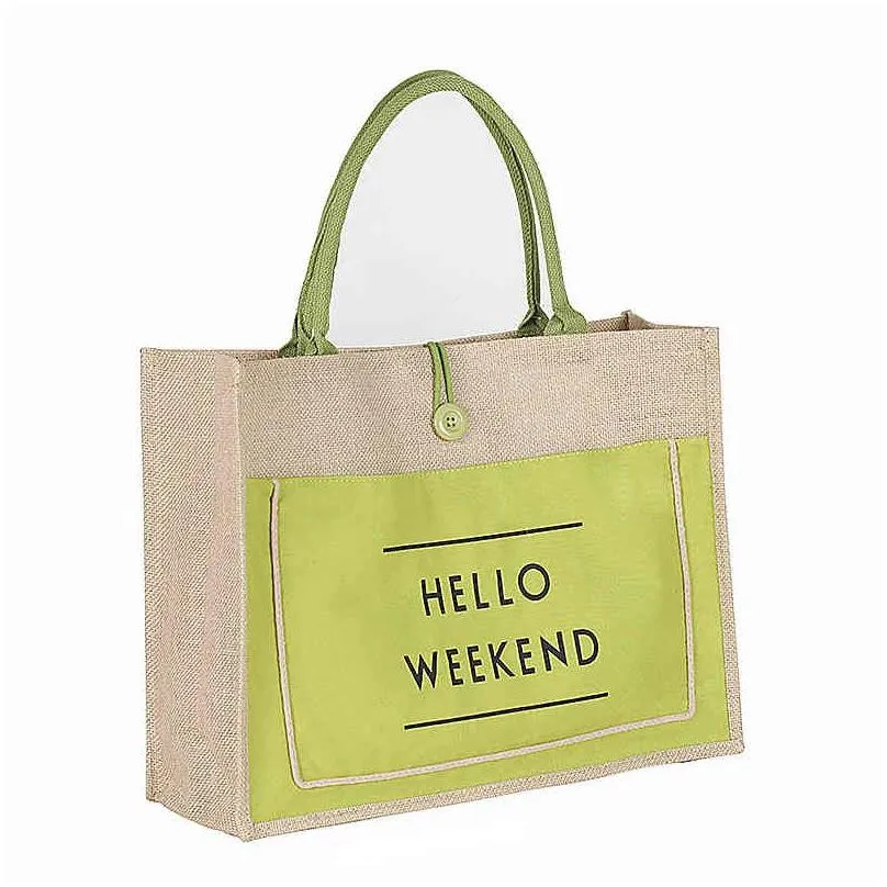 Gift Wrap 3 Color European Style Female Hello Weekend Jute Cotton Handbags Women Big Size Beach Bag For Girls Printing Shoder Bags 210 Dhvnd