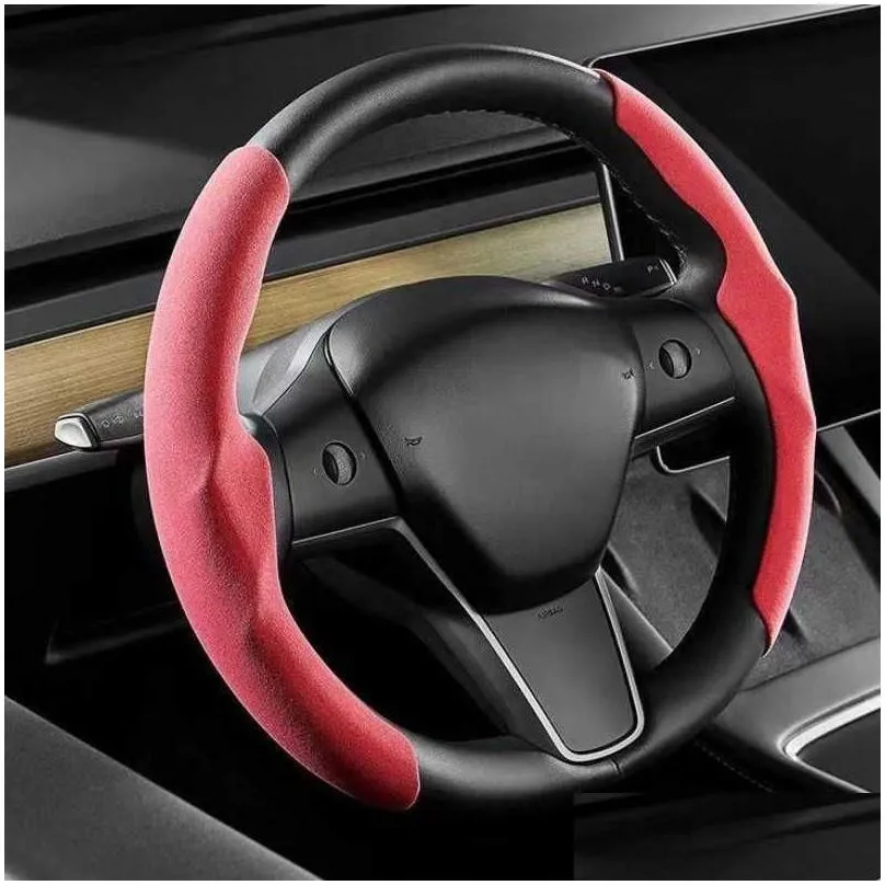 Other Interior Accessories New For Tesla Steering Wheel Er Model 3 Y S Anti-Fur Sport Carbon Fiber Suede Car Interior Accessories Drop Dhzjg