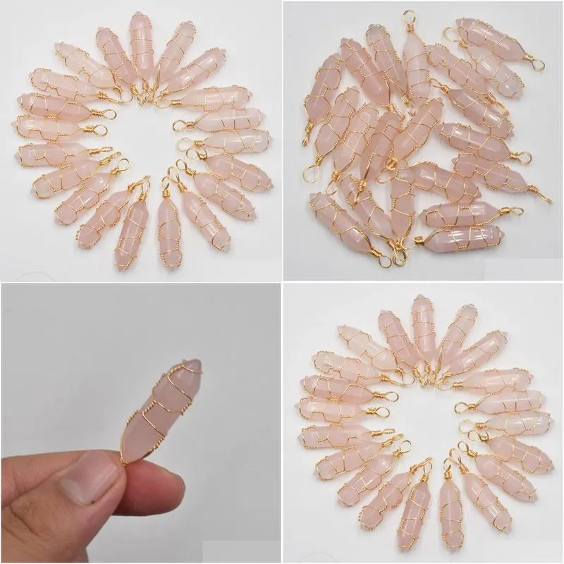 Charms Wire Wrap Natural Stone Rose Quartz Shape Charms Point Chakra Pendants For Jewelry Making Wholesale Handmade Drop Delivery Jewe Dhjpl