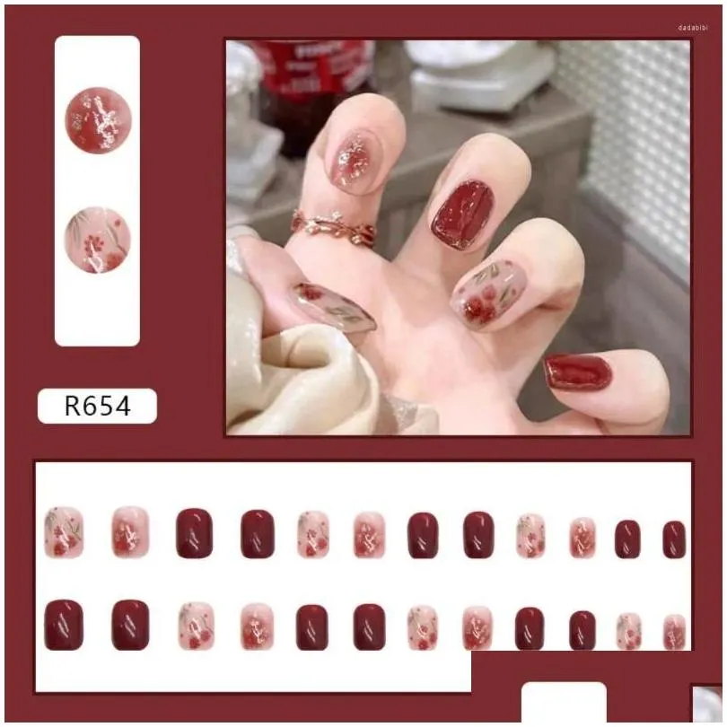 False Nails 24Pcs Diy Semi Cured Gel Nail Stickers Long-Lasting Solid Color Strips Slider Sticker Fl Er Decal Manicure Drop Delivery Dhblj