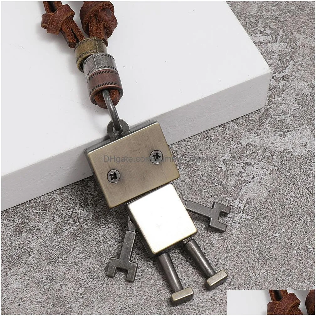 Pendant Necklaces Retro Metal Movable Robot Pendant Necklace Adjustable Leather Chain Necklaces For Women Men Fashion Jewelry Drop Del Dhbzk