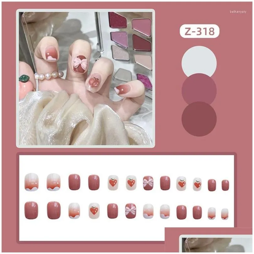 False Nails 24Pcs Midi Press On Sweet Style Peach Print Fake Removable Wearable Bow Deor Artificial Salon Diy Drop Delivery Dheu7