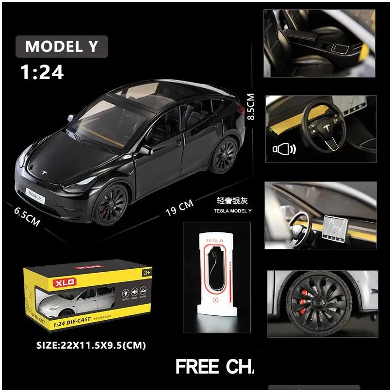 Diecast Model Cars Diecast Model 1 24 Scale Tesla Y Roadster Alloy Car Metal Vehicle Toy Models Collection Simation Sound Light For Ki Dhxur