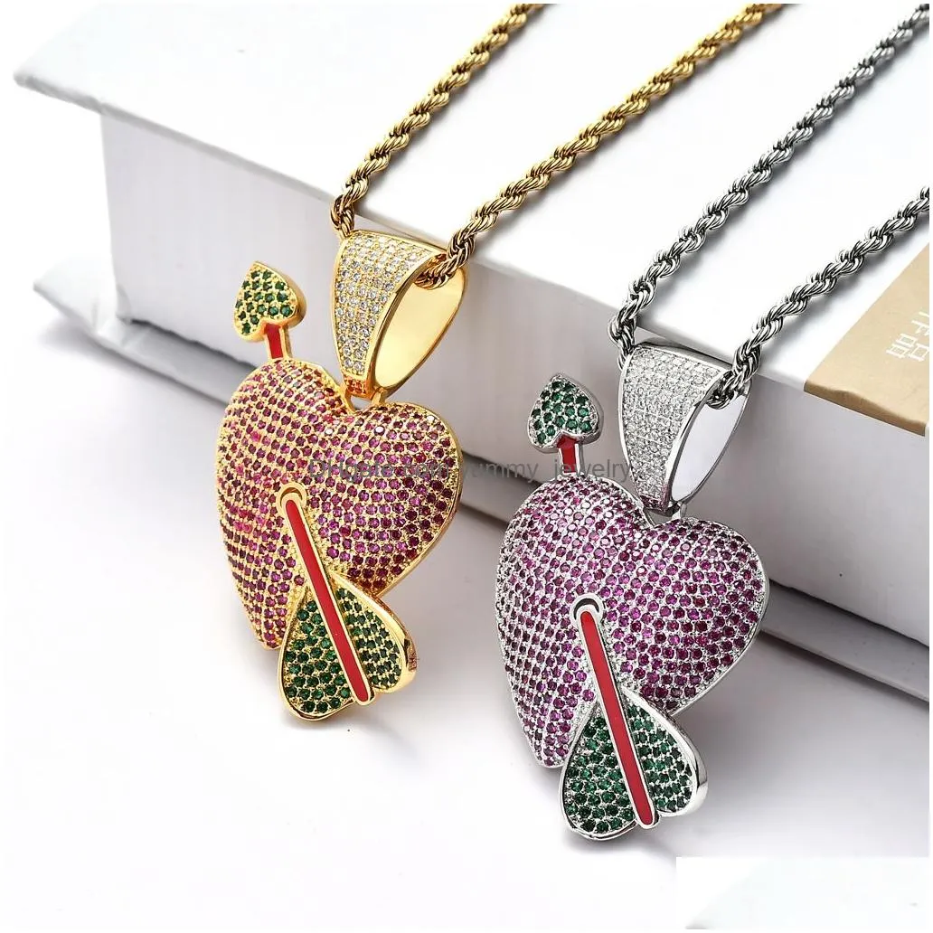 Other Jewelry Sets 18K Gold Cubic Zirconia Arrow Pierced Heart Necklace Jewelry Set Bling Iced Out Love Pendant Hiphop Necklaces Wome Dhlrc