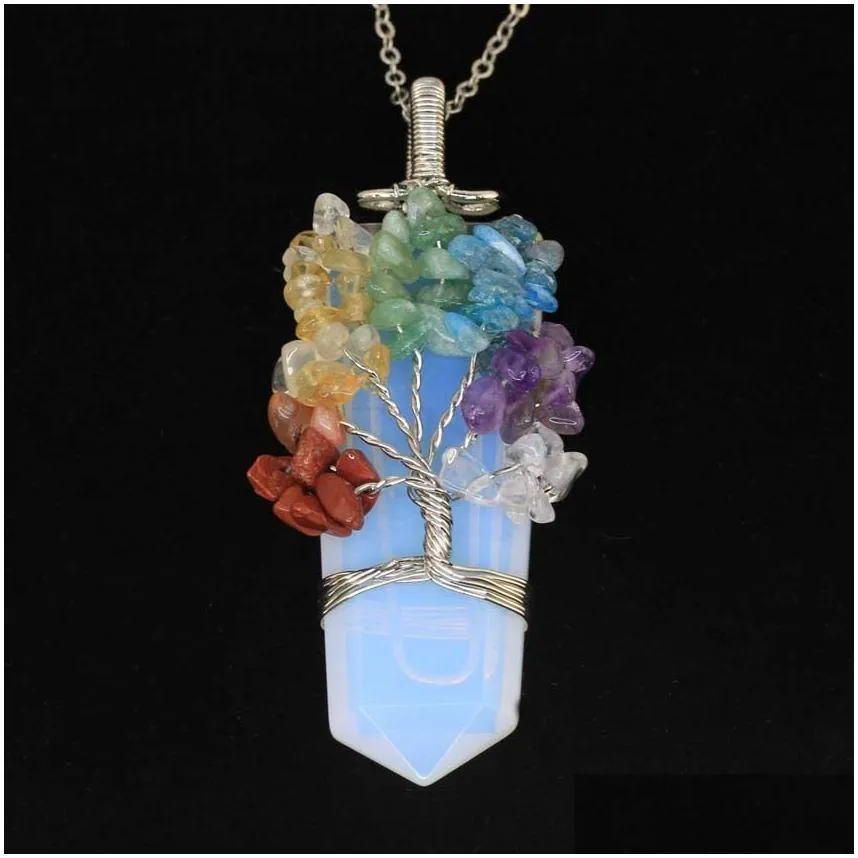 Pendant Necklaces Jln Natural Quartz Pendant Plantinum Plated Chip Gemstone Wire Wrapped Crystal Sword Shape Hexagon Prism Amet Charm Dhhzk