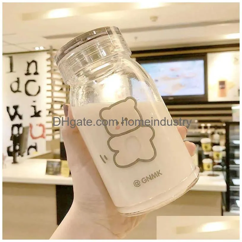 Water Bottles 450Ml Cartoon Bear Glass Water Bottle Thick Heat Resistance Drinking Bottles Cute Milk Coffee Tumblers For Student Girl Dheit