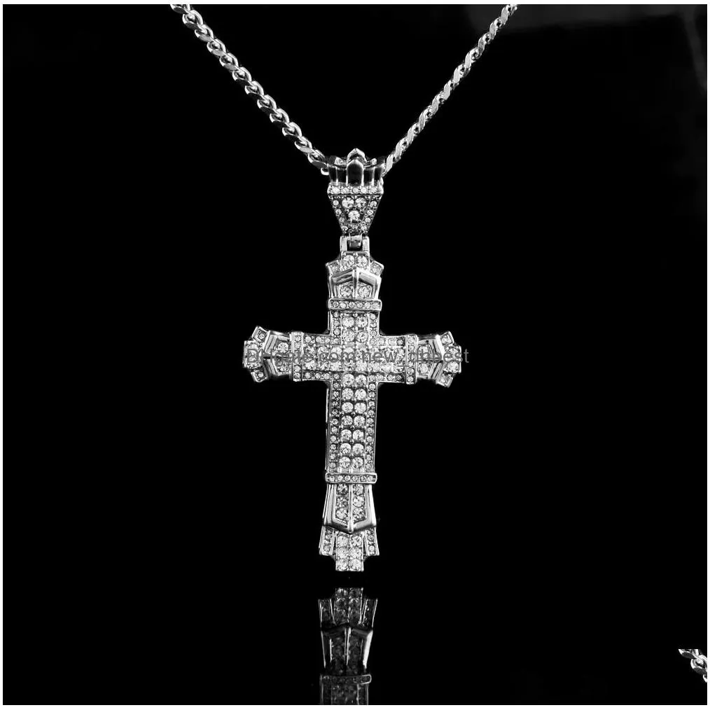 Pendant Necklaces Retro Sier Cross Charm Pendant Fl Ice Out Cz Simated Diamonds Catholic Crucifix Necklace With Long Drop Delivery Jew Dhf3L