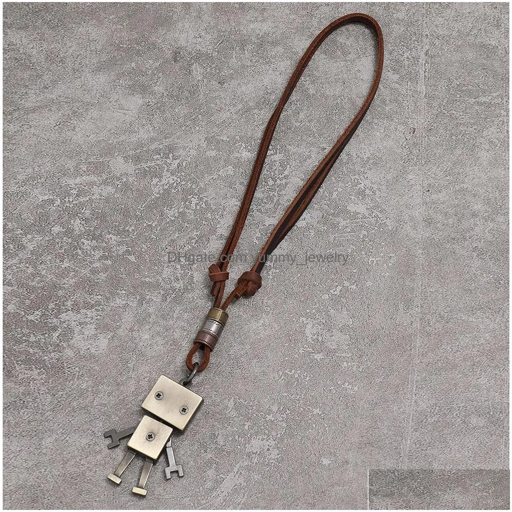 Pendant Necklaces Retro Metal Movable Robot Pendant Necklace Adjustable Leather Chain Necklaces For Women Men Fashion Jewelry Drop Del Dhbzk