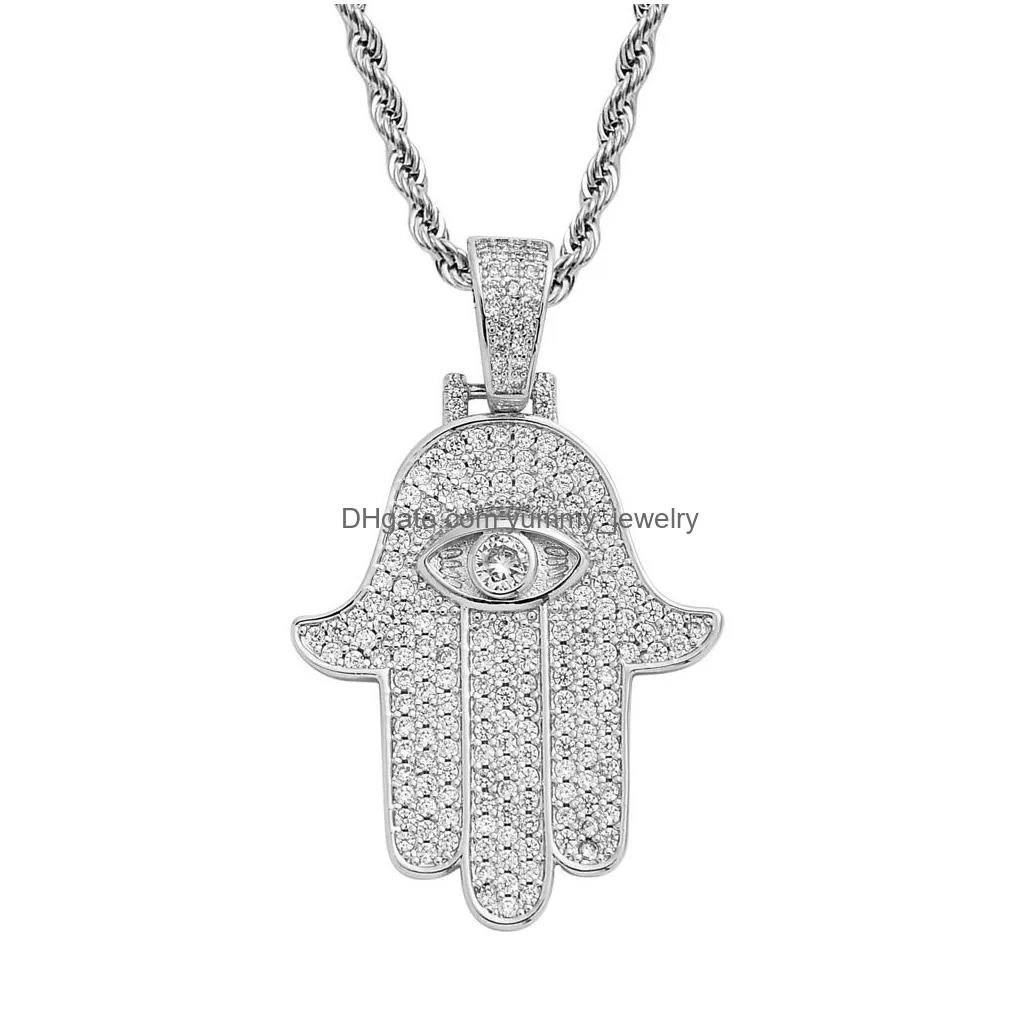Other Jewelry Sets Cubic Zirconia Fatima Eye Hand Necklace Jewelry Set Bling Diamond Hip Hop 18K Gold Pendant Necklaces Women Men Sta Dhvpt