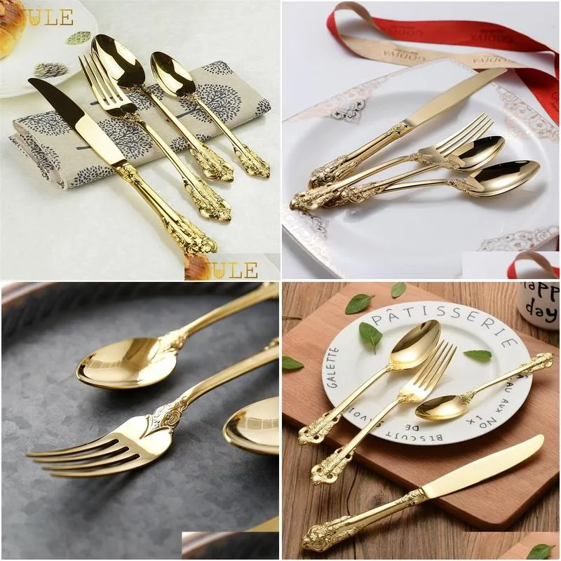 Dinnerware Sets Vintage Western Gold Plated Cutlery Tableware Set 24Pcs Dining Knives Forks Teaspoons Golden Luxury Dinnerware Sets En Dhu0J