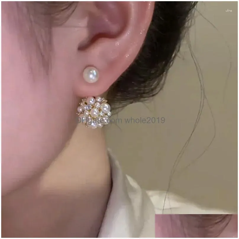 Stud Earrings Delicate Flower Ball Double-Sided Pearl Front And Back Jewelry Cute Drop Delivery Dhevc