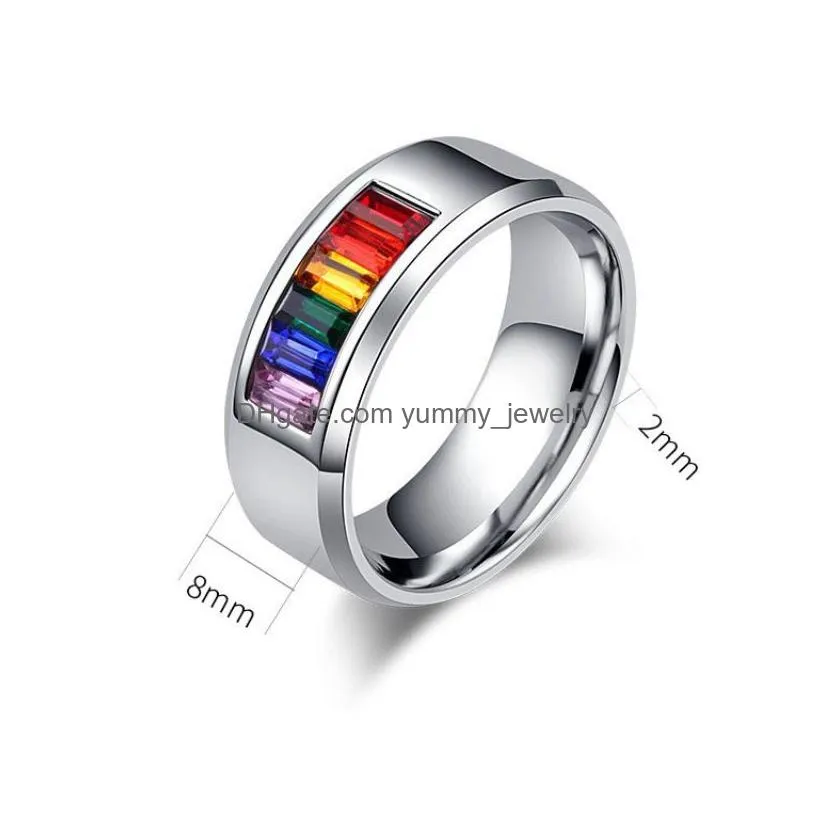 Band Rings Gay Ring Stainless Steel Rainbow Crystal Band Rings For Couple Men Women Fashion Jewelry Valentine Gift Drop Delivery Jewe Dhoeg
