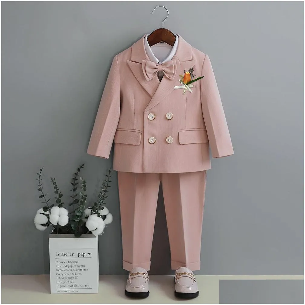 Suits Child Fomal Dress Suit Set British Style Baby Boys Wedding Birthday Party Performance Costume Kids Blazer Pants Bowtie Clothes Dhbvr