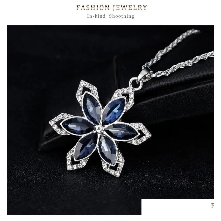 Earrings & Necklace Flower Necklace Earring Set Jewelry For Women Girls Ladies Navy Blue Crystal Rhinestone Diamond Pendant Charm Sie Dhw9V