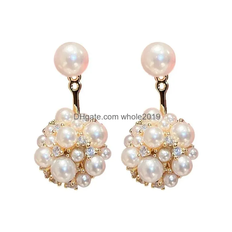 Stud Earrings Delicate Flower Ball Double-Sided Pearl Front And Back Jewelry Cute Drop Delivery Dhevc