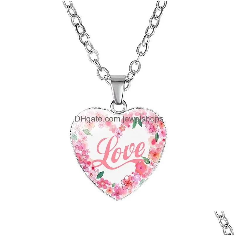 Pendant Necklaces New Inspirational Heart Shape Necklaces For Women Love Hope Dream Believe Faith Letter Glass Pendant Chains Fashion Dhydt