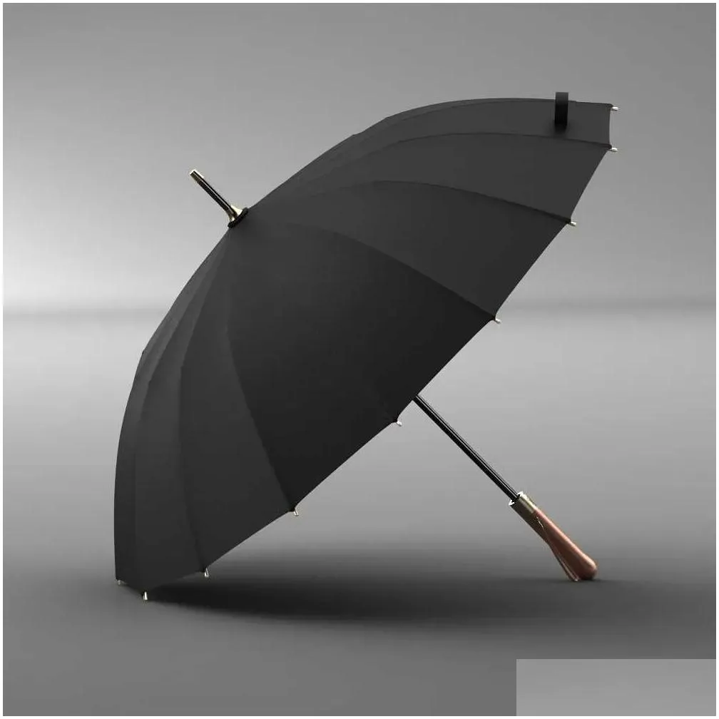 Umbrellas Olycat Luxury Mental Wooden Handle Umbrella 112Cm Large Long Men Black Umbrellas 16 Ribs Windproof Rain Paraguas Gifts 21101 Dh92R