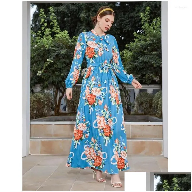 Ethnic Clothing Women Floral Print Long Sleeve Maxi Dress Tie Pleated Belted Dresses Spring Summer Holiday Party Gown Kaftan Muslim D Dhxj4