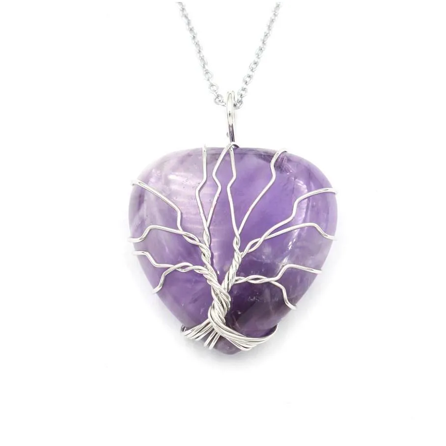 Pendant Necklaces Jln Wire Wrapped Heart Shape Gemstone Pendant Amethyst Tiger Eye Quartz Stone Wisdon Charm With Stainless Steel Chai Dh26O
