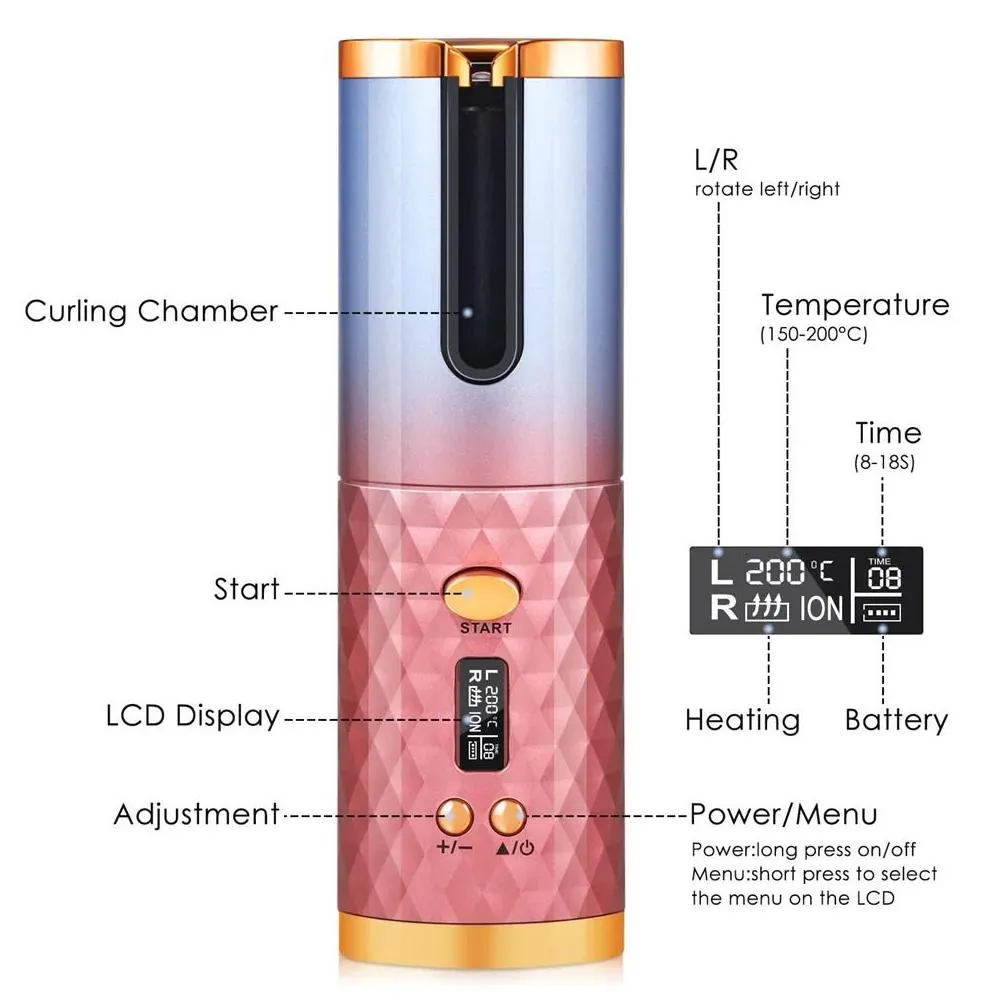 automatic hair curler curly machine ceramic cordless rotating curling iron waver wand curlers usb charging led 240226