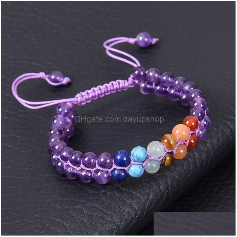 Chain Crystal Stone Bracelet 6Mm Amethyst Black Onyx Howlite Double Layer Adjustable 7 Chakra Healing Yoga Bracelets For Women Jewelr Dhdmt