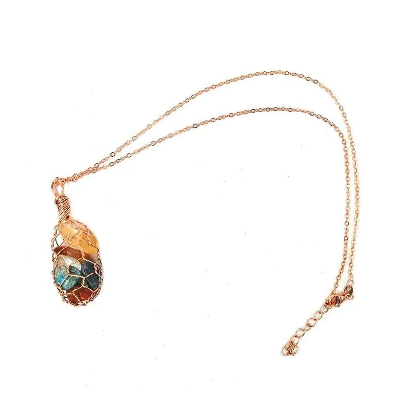 Pendant Necklaces Jln Wire Wrapped Net Irregar Stone Pendant Seven Chakra Gemstone Metal Pendants With Anti Tarnished Chain Necklace G Dhltm