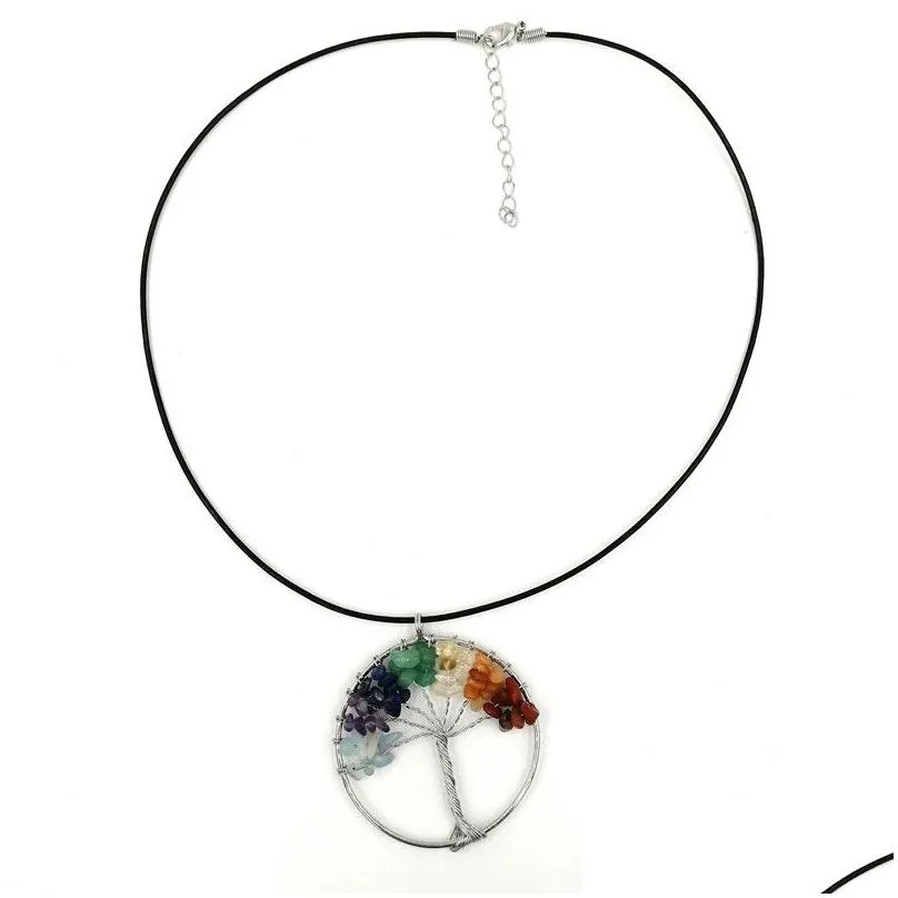 Pendant Necklaces Jln Gravel Stone Seven Chakra Pendant Chip Of Wisdom Pendants With Leather Chain Necklace For Drop Delivery Jewelry Dhza0