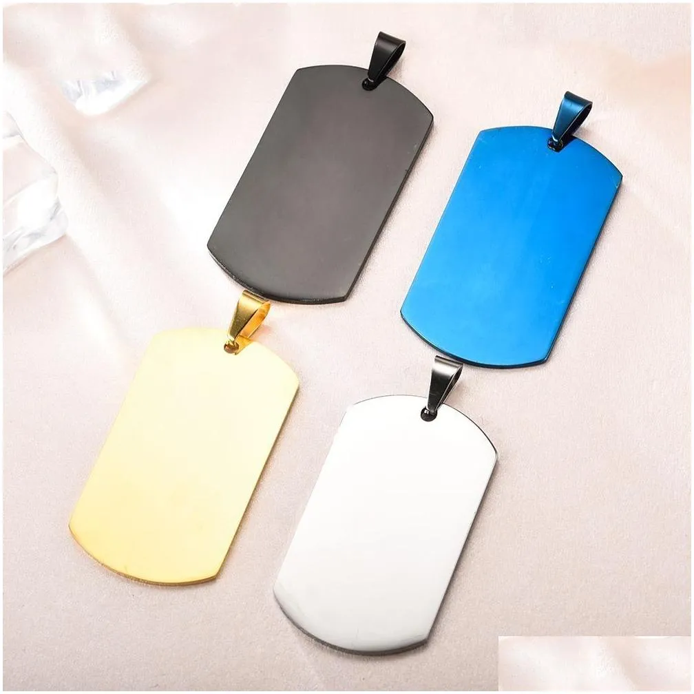 Pendant Necklaces Blank Rec Pendant Fit Link Bead Chain Stainless Steel Military Army Dog Tags Gold Black Blue Laser Engravable Metal Dhqow