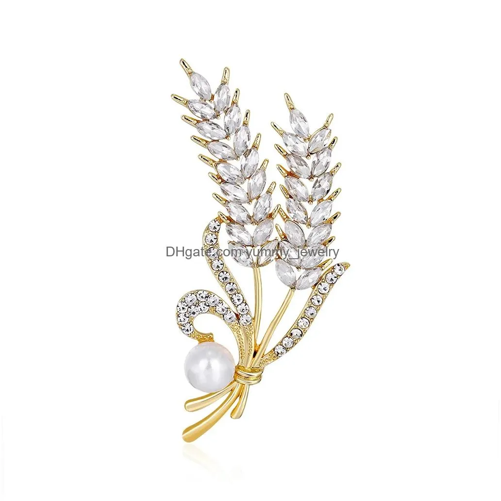 Pins, Brooches Gold Wheat Sheaf Brooch Pin Business Suit Tops Wedding Dress Cor Pearl Rhinestone Brooches For Women Men Fashion Jewel Dhw8Q