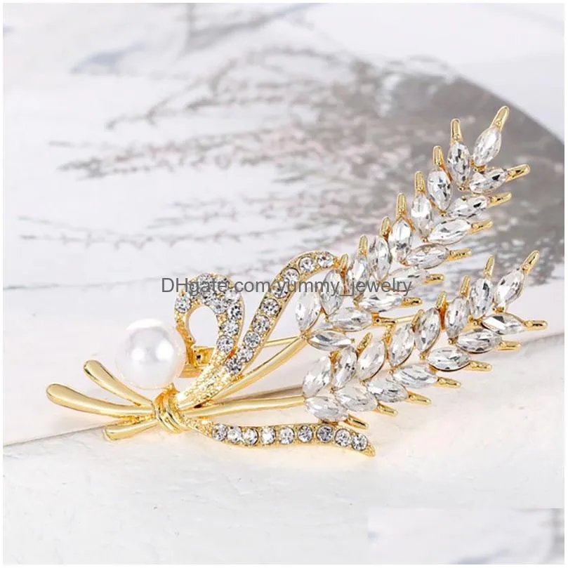 Pins, Brooches Gold Wheat Sheaf Brooch Pin Business Suit Tops Wedding Dress Cor Pearl Rhinestone Brooches For Women Men Fashion Jewel Dhw8Q