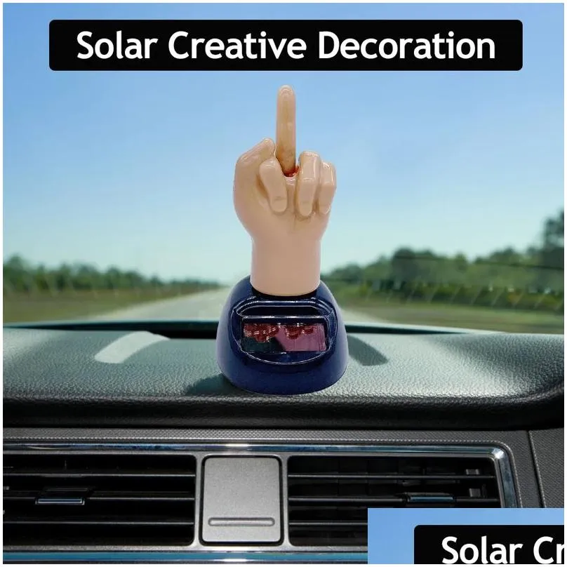 Interior Decorations New 1Pcs Finger Solar Powered Shaking Car Ornament Dashboard Decoration Bobbling Toy Desk Gadget Home Decor Offic Dhg4B