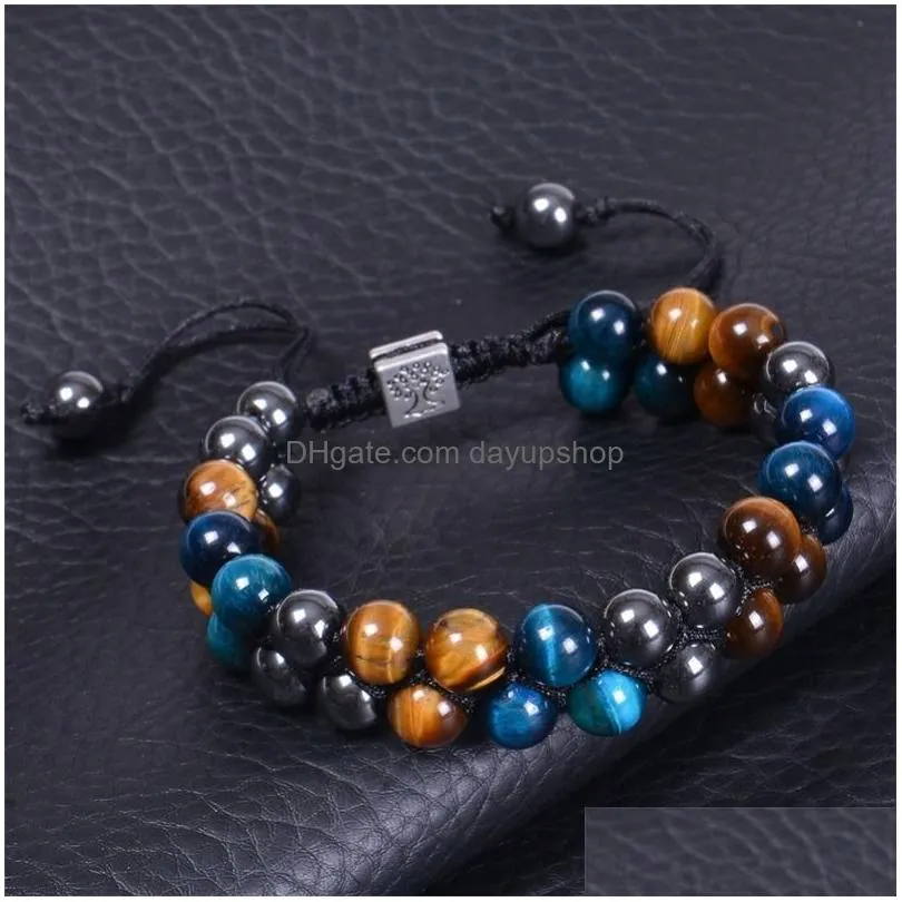 Chain 8Mm Tiger Eye Hematite Double Layer Natural Stone Bracelet Tree Of Life Adjustable Bracelets Wristband Bangle Cuff Jewelry Drop Dho61