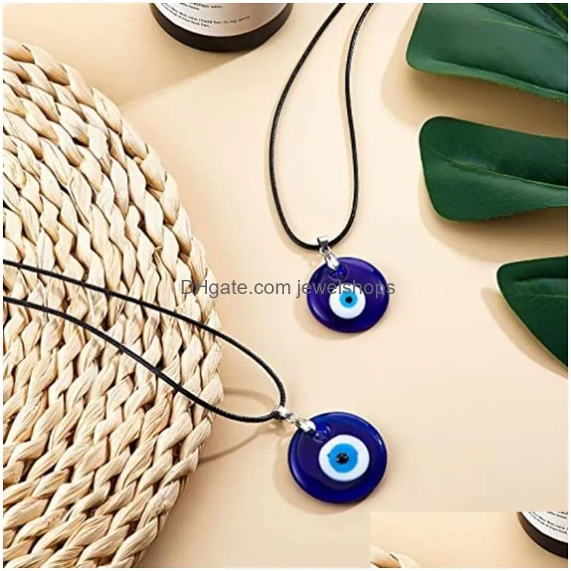 Pendant Necklaces Blue Evil Eye Pendant Necklace For Women Black Wax Cord Chain Men Choker Jewelry Lucky Amet Female Party Gift Drop D Dhoa8