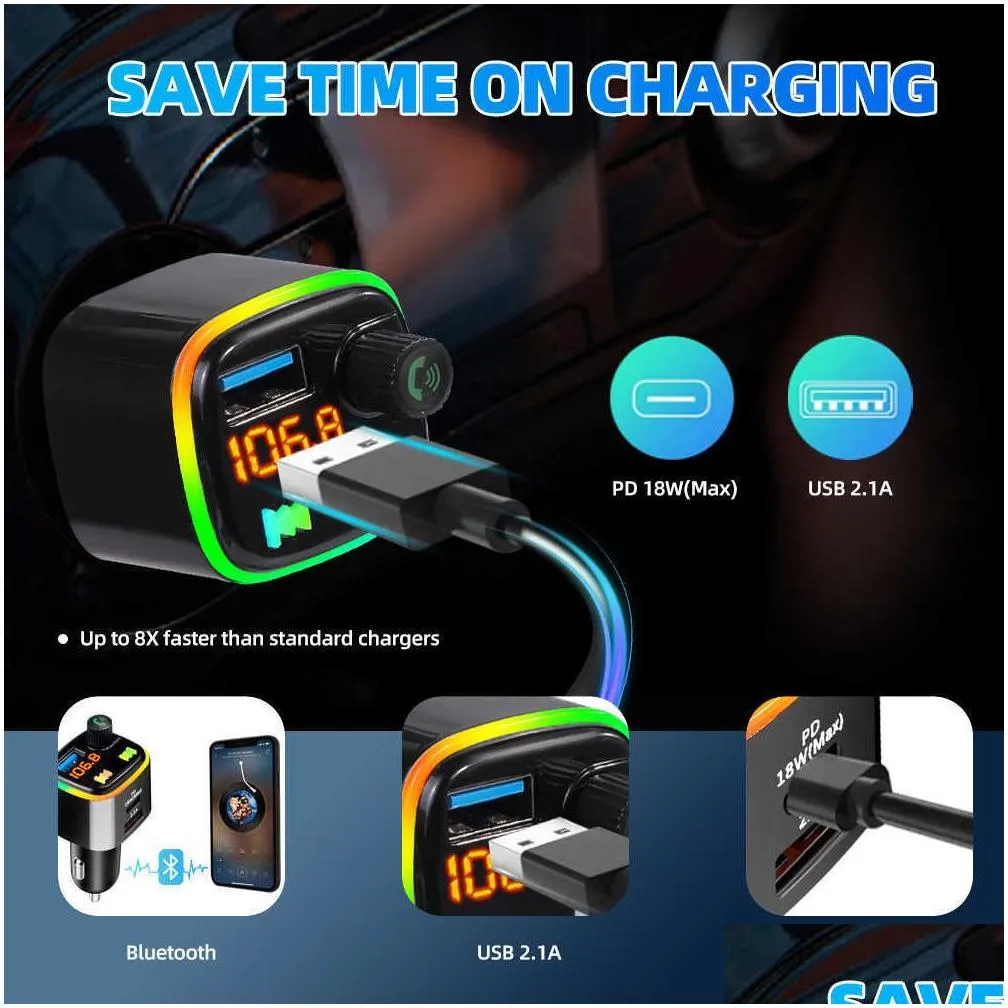 Car Bluetooth Kit New Fm Transmitter Bluetooth 5.0 Kit Hand Dual Usb Pd18W Fast Charging Wireless Cigarette Lighter Mp3 Music Player D Dhswj